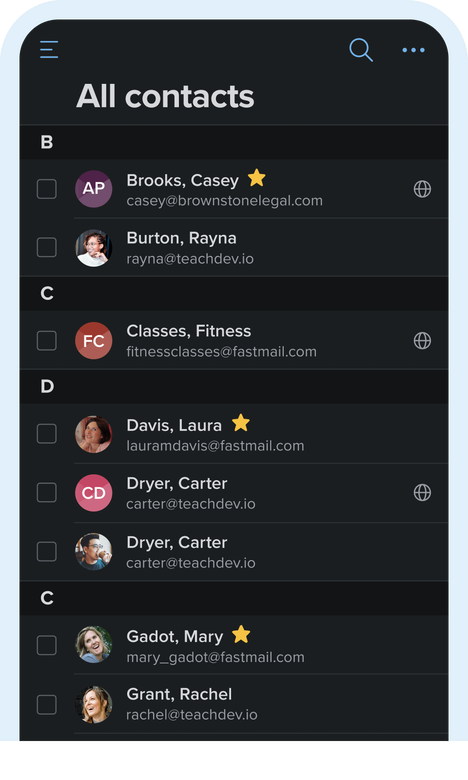Screenshot of the Fastmail contacts app