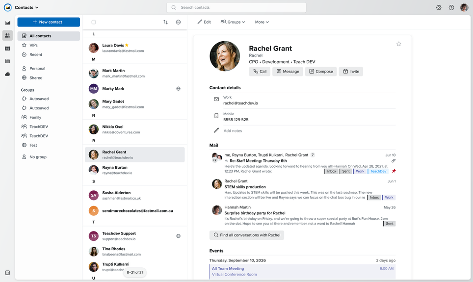 Screenshot of the Fastmail contacts app