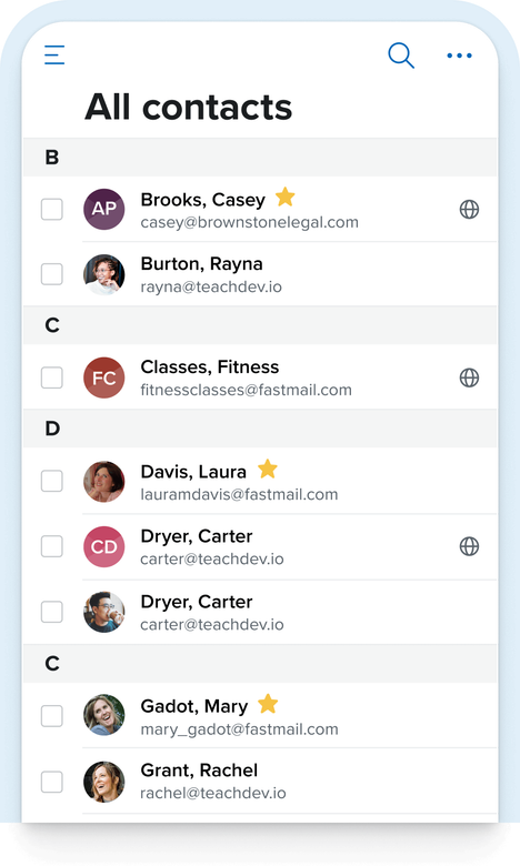 Screenshot of the Fastmail contacts app