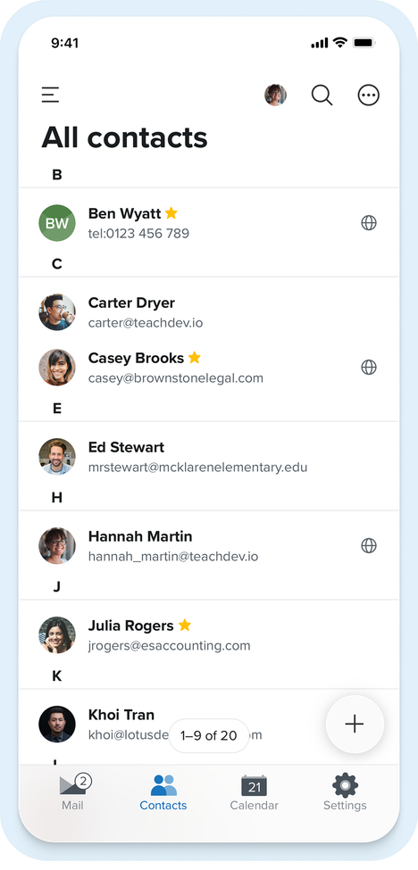 Screenshot of the Fastmail contacts app