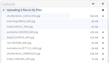 Upload manager shows progress of file uploads